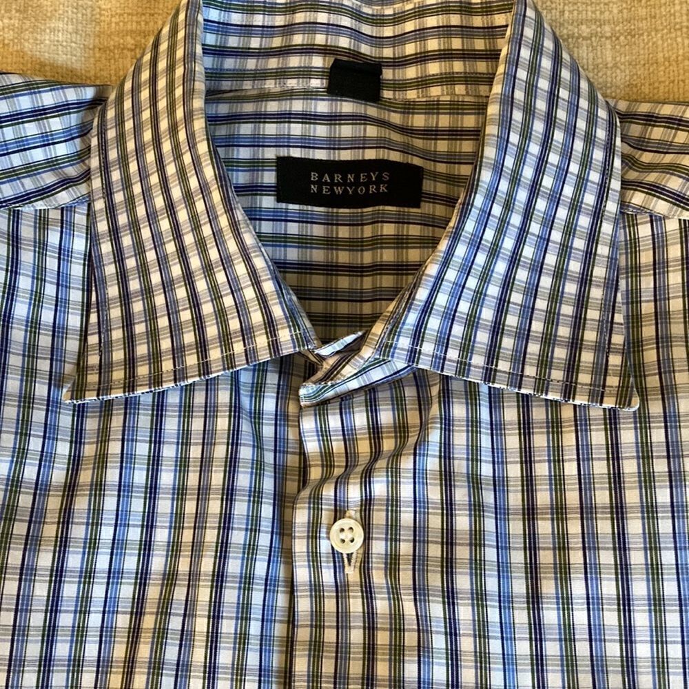 Barneys New York Mens Long Sleeve Fine Cotton Blue/Gray Checked Dress Shirt. XL